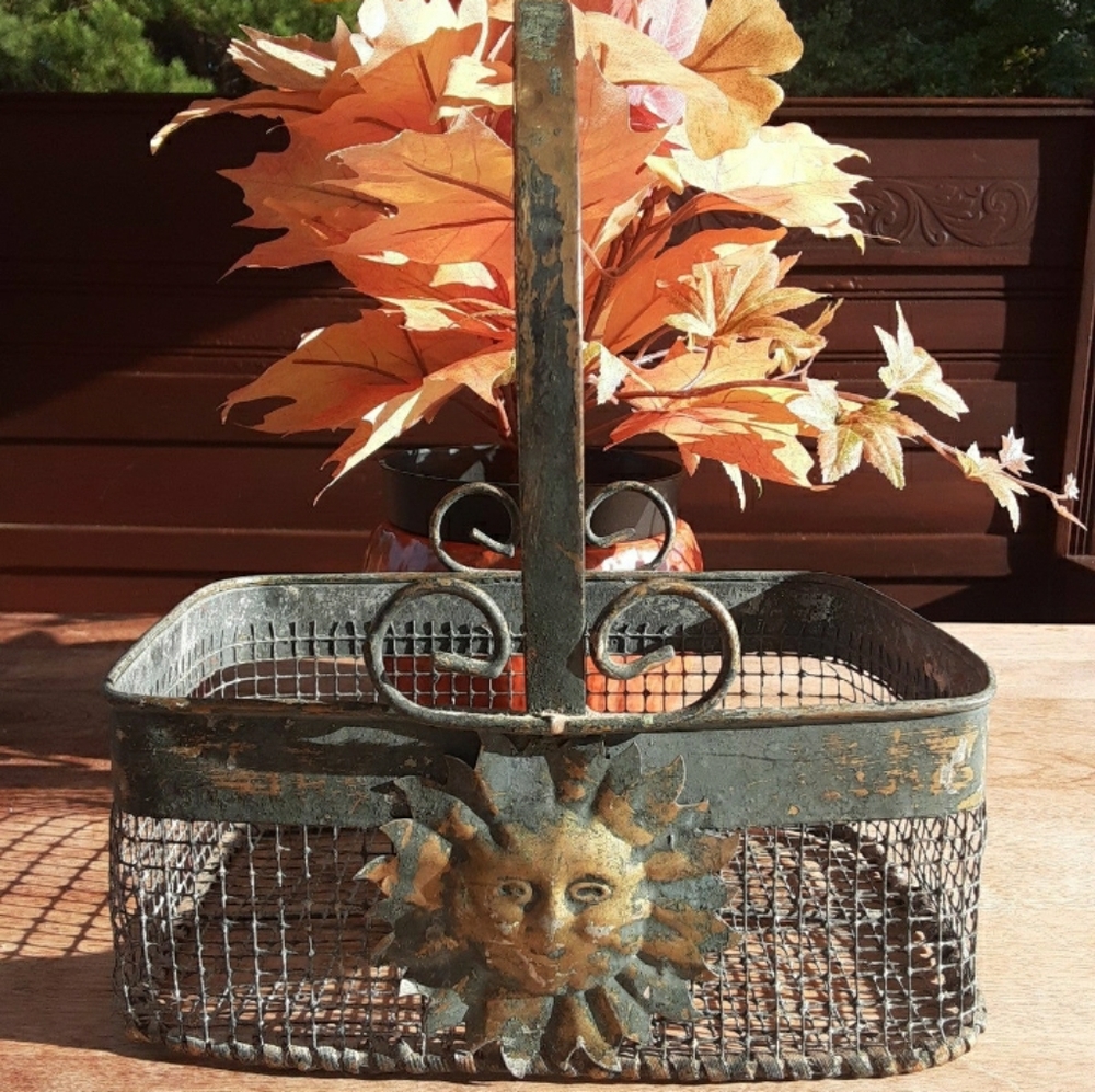 Vintage Y2K Sun & Clouds Weathered Metal Basket